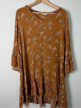 Entro Anthropologie Rust Floral Ruffle-Hem Long Sleeve Dress